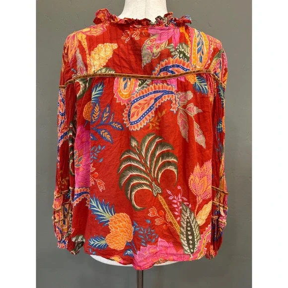 FARM Rio Mystic Bush Ruffled Blouse Floral Bird Print Button Front Ruffled Red M - Picture 6 of 16